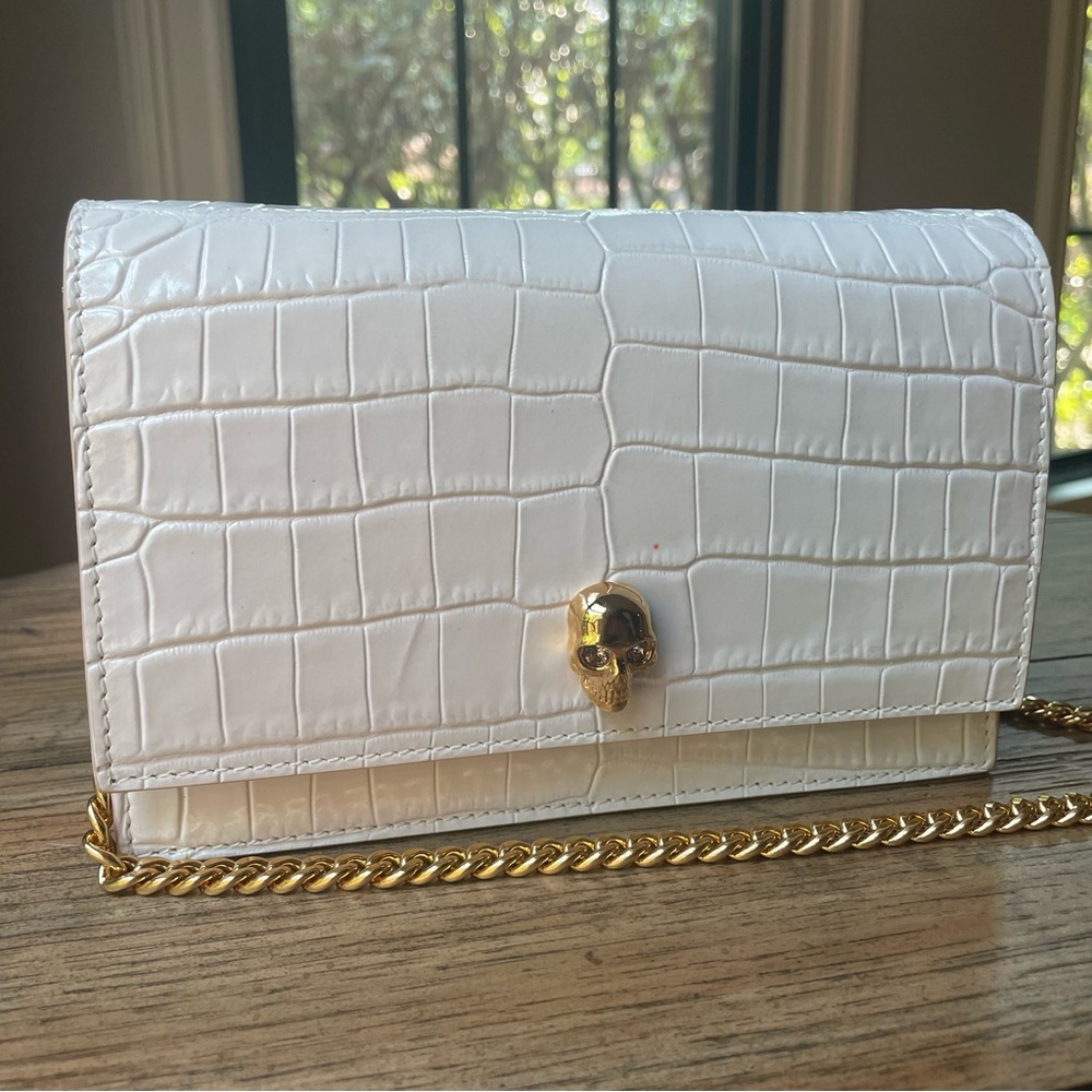 Alexander McQueen Calfskin Crocodile Embossed Mini White Shoulder Bag